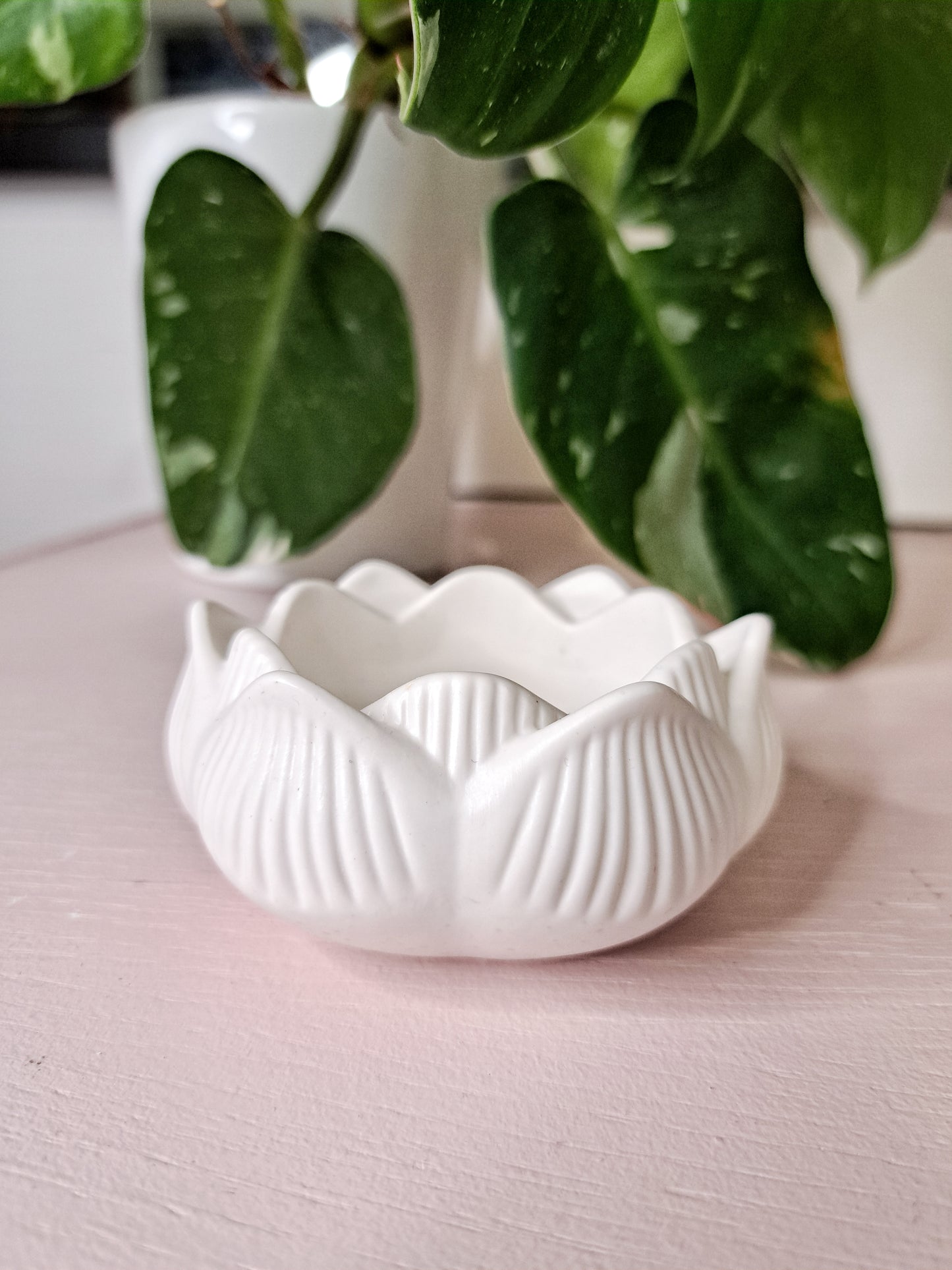 Coupe décorative artisanale en Jesmonite, design fleur de lotus blanche